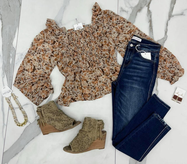 RUST FLORAL SMOCKED BLOUSE