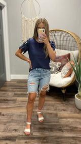 NAVY LACE SLEEVE DETAIL TOP