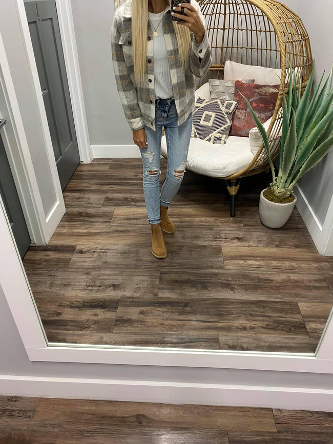 GREY AND CAMEL PLAID SHACKET
