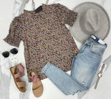 BLACK FLORAL SMOCKED BLOUSE