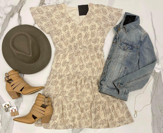 NATURAL FLORAL KNEE LENGTH DRESS