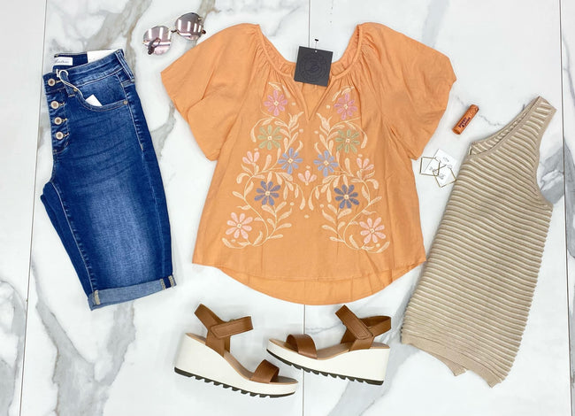 PEACH EMBROIDERED FLORAL BLOUSE