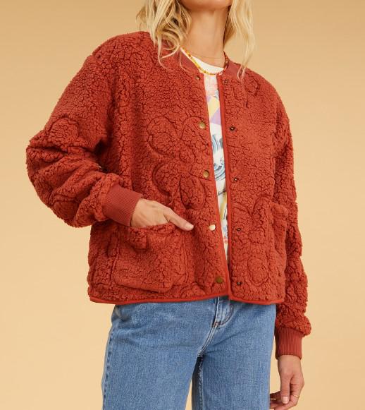 BILLABONG SALTY BLONDE COZY SHORE BOMBER JACKET RUST