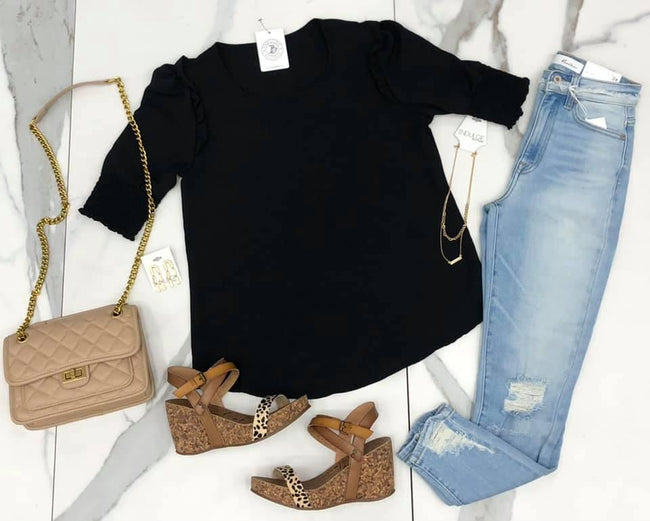 BLACK SMOCK SLEEVE BLOUSE