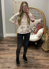 IVORY AND MAUVE STRIPE FLORAL HOODED TOP