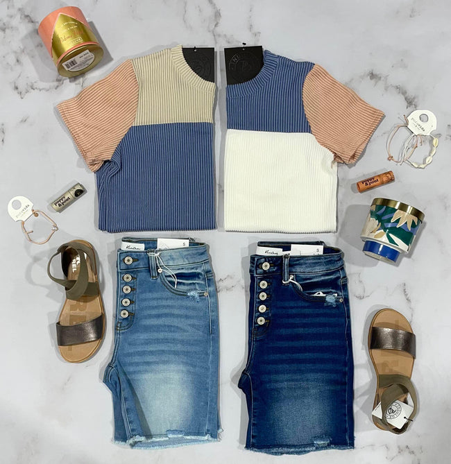 TAUPE BLUE PEACH RIBBED TEE