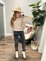 BLUSH AND CHARCOAL STRIPE SEAM DETAIL SWEATER TOP