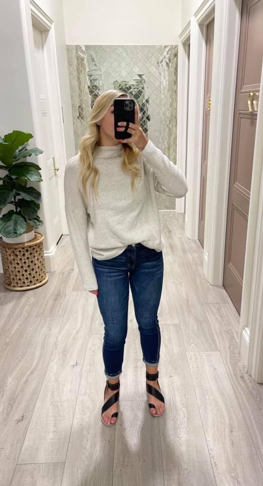 IVORY AND GREY RIBBED SWEATER TOP
