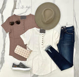 RED BEAN WAFFLE BUTTON HENLEY TOP