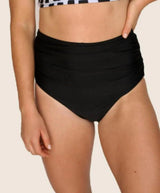 BLACK RUCHED HIGH RISE SWIM BOTTOMS