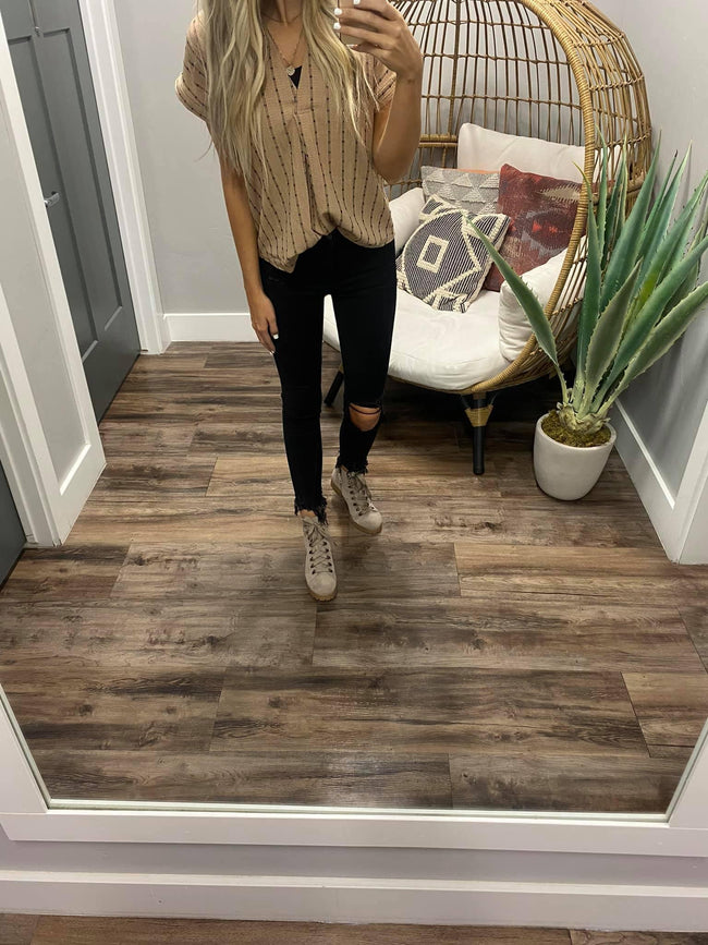 TAUPE STRIPE BUTTON BACK TOP