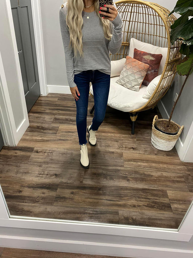 HEATHER GREY PANEL BUTTON DETAIL SWEATER