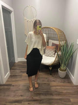 BLACK SIDE SLIT RIBBED SKIRT