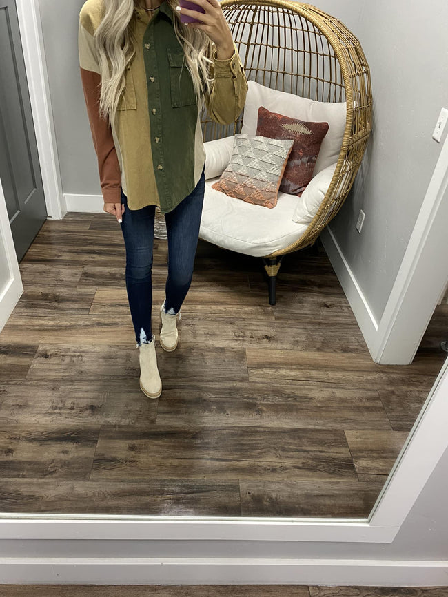 LYNDSIE COLORBLOCK BUTTON UP SHACKET
