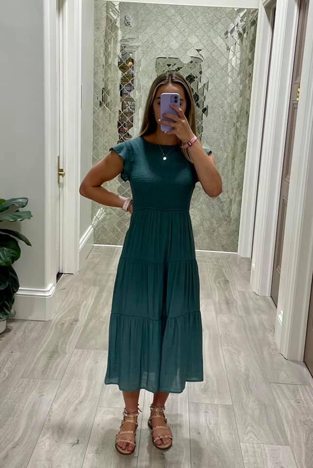 TEAL SMOCKED LAYERED DRESS
