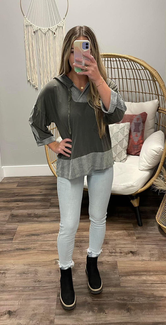 CHARCOAL STRIPE HOODED TOP
