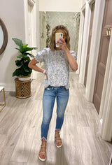 DUSTY BLUE SMOCKED FLORAL BLOUSE