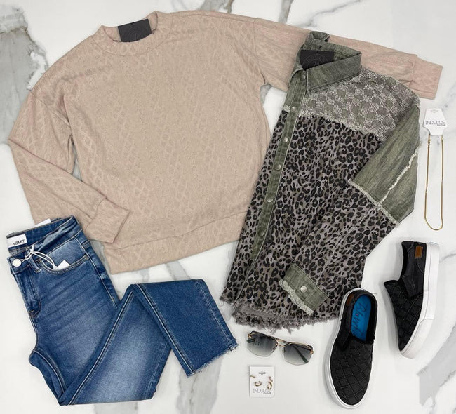 TAUPE TEXTURED LONG SLEEVE TOP