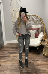 GREY & BLACK STRIPED PUFF SLEEVE CREW