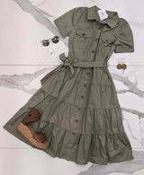 OLIVE BUTTON BELTED DRESS