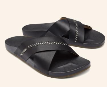 OLUKAI KIPE'A'OLU SLIDE SANDALS BLACK LEATHER