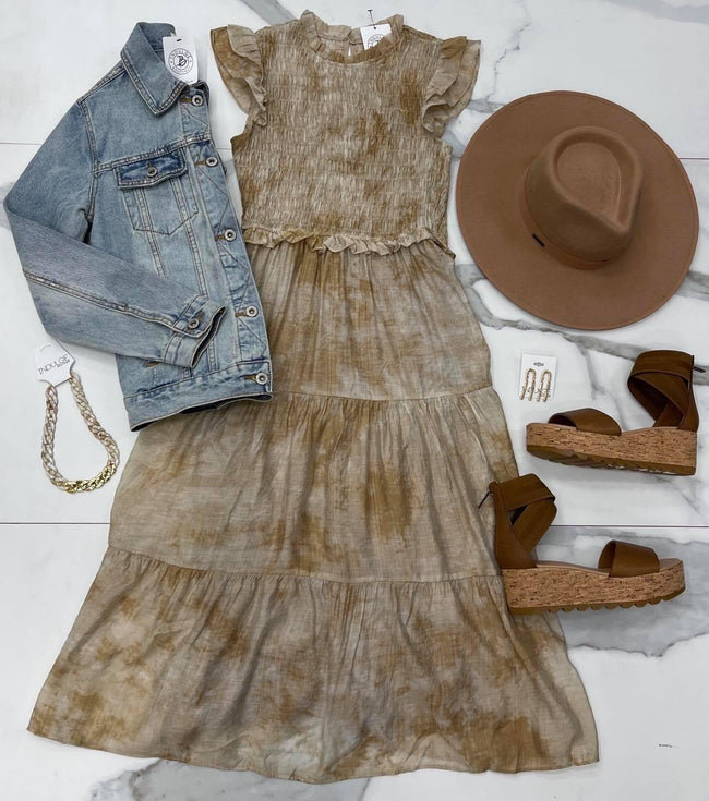 TAUPE WASHED RUFFLE DRESS