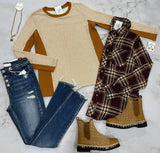 CAMEL STRIPE SIDE RIBBED SWEATER TOP
