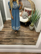 CHAMBRAY EMBROIDERED MAXI DRESS