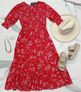POPPY RED FLORAL SMOCKED DRESS