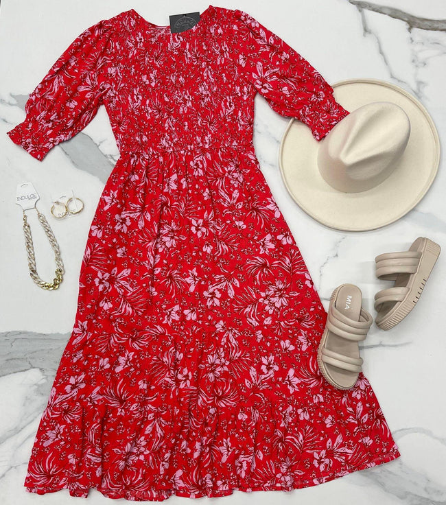 POPPY RED FLORAL SMOCKED DRESS