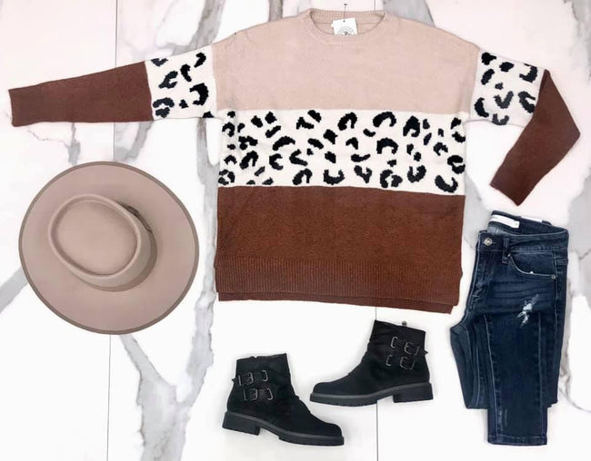 LEOPARD RUST COLORBLOCK SWEATER