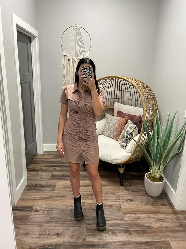 MAUVE RUCHED BUTTON DOWN DRESS