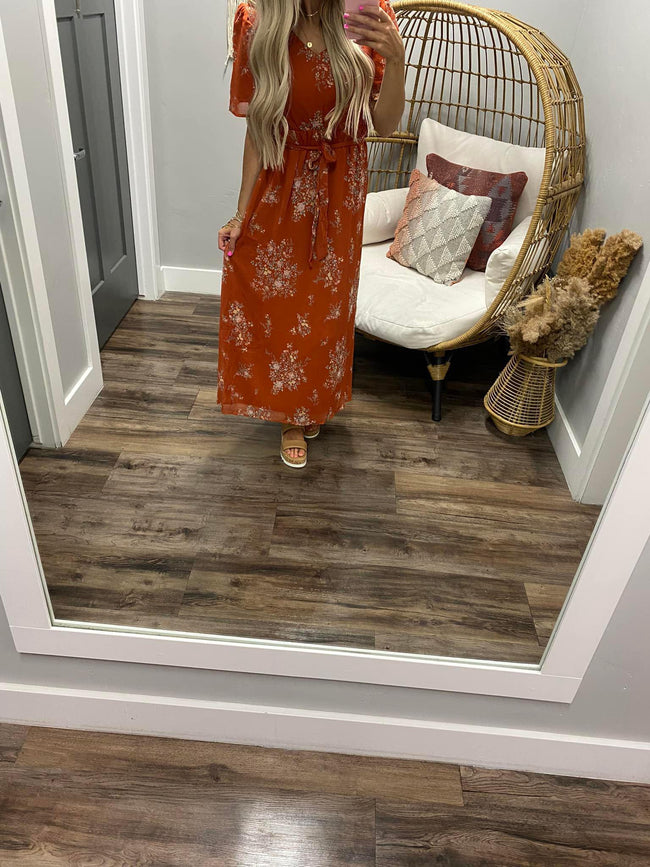 RUST MULTI FLORAL DRESS WITH TIE