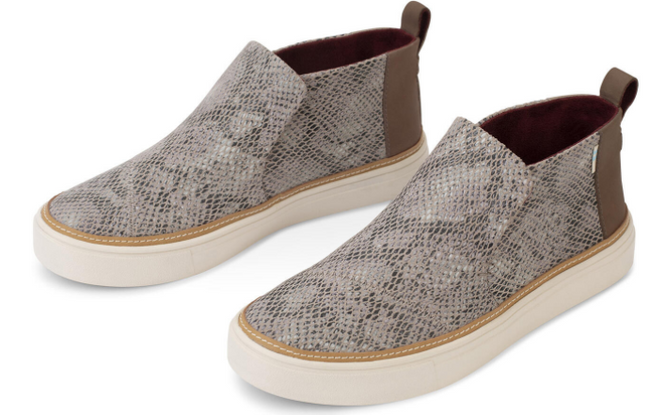 TOMS TAUPE SNAKE SLIP ON SHOES