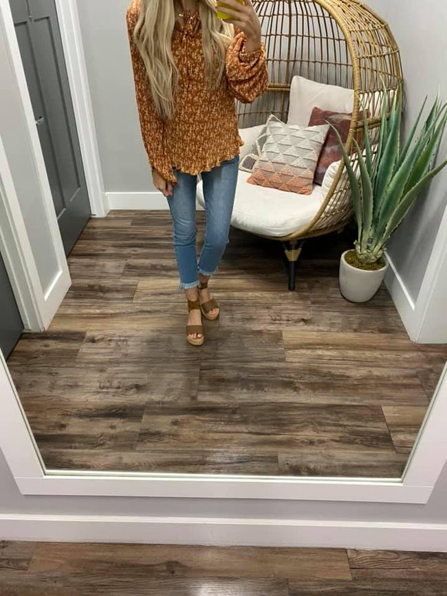 GOLDEN FLORAL TIE NECK TEXTURED BLOUSE