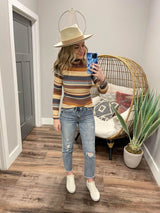 NAVY TAUPE STRIPED LONG SLEEVE HIGH NECK