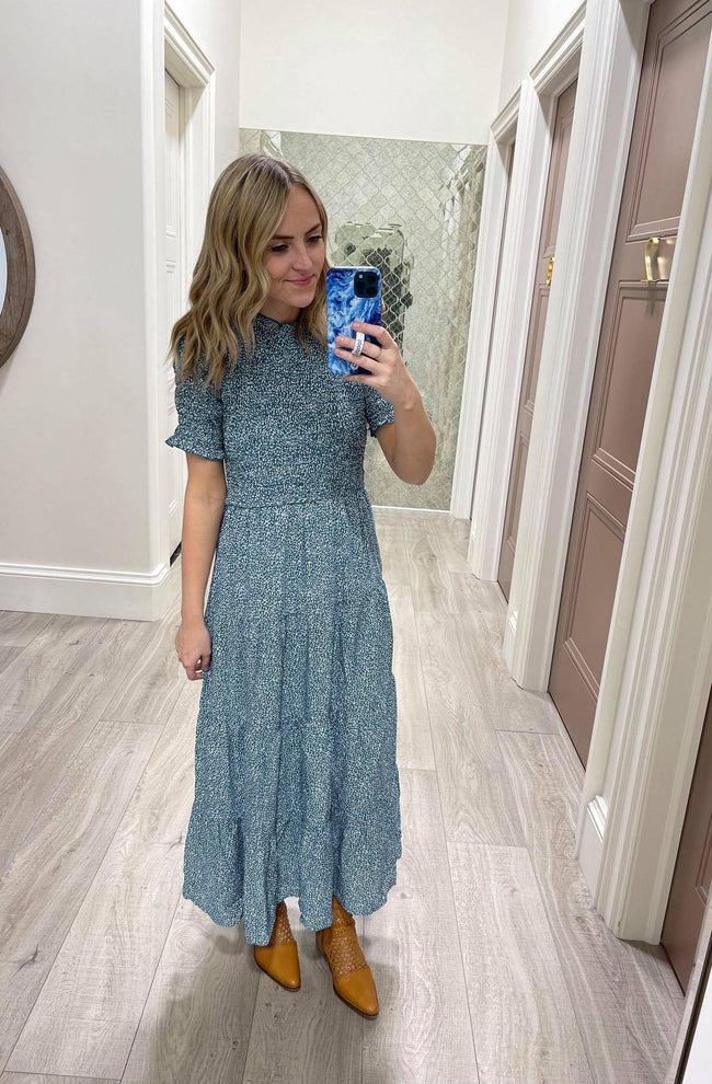 TEAL SMOCKED ANIMAL PRINT DRESS