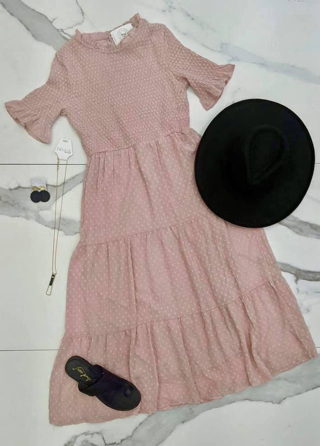 MAUVE SWISS DOT SMOCKED DRESS