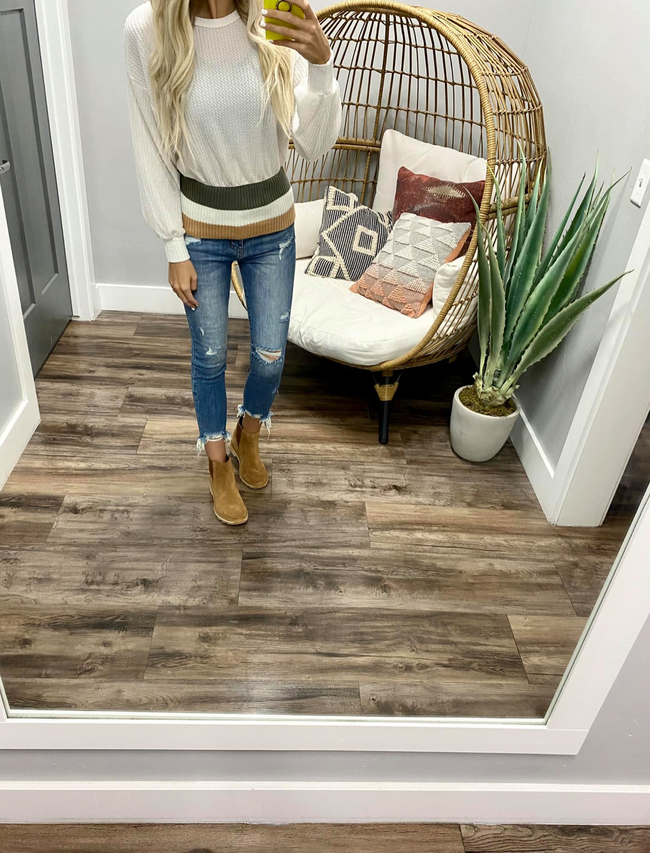 IVORY COLORBLOCK RIB BANDED WAFFLE TOP