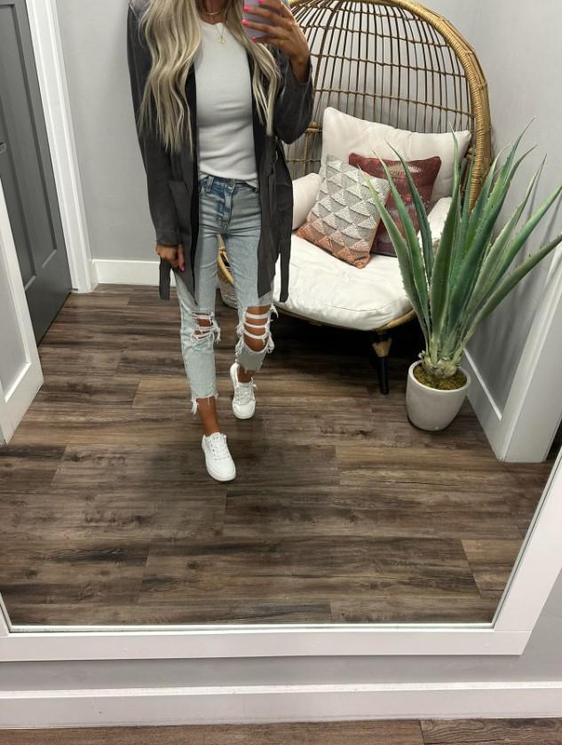 CHARCOAL SUEDE BELTED HOODIE BLAZER JACKET