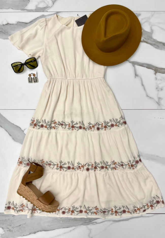 CREAM EMBROIDERED FLORAL DRESS