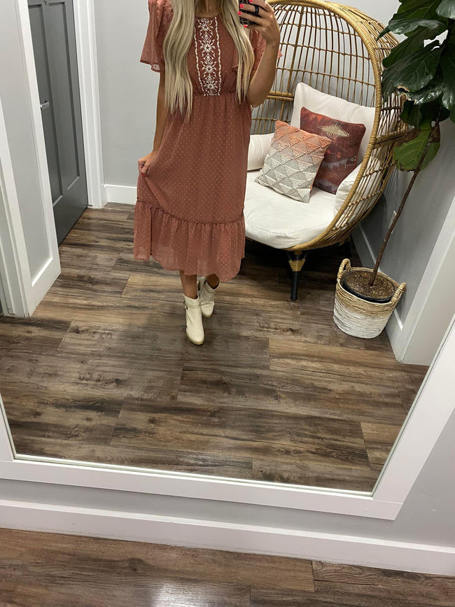 MAUVE EMBROIDERED SWISS DOT DRESS