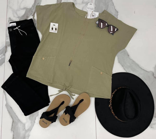 OLIVE POCKET DRAWSTRING BLOUSE
