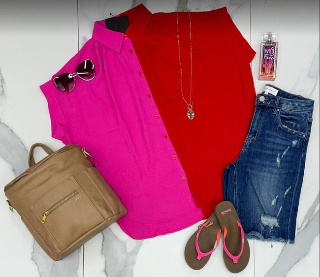 RED PINK COLOR BLOCK BUTTON UP