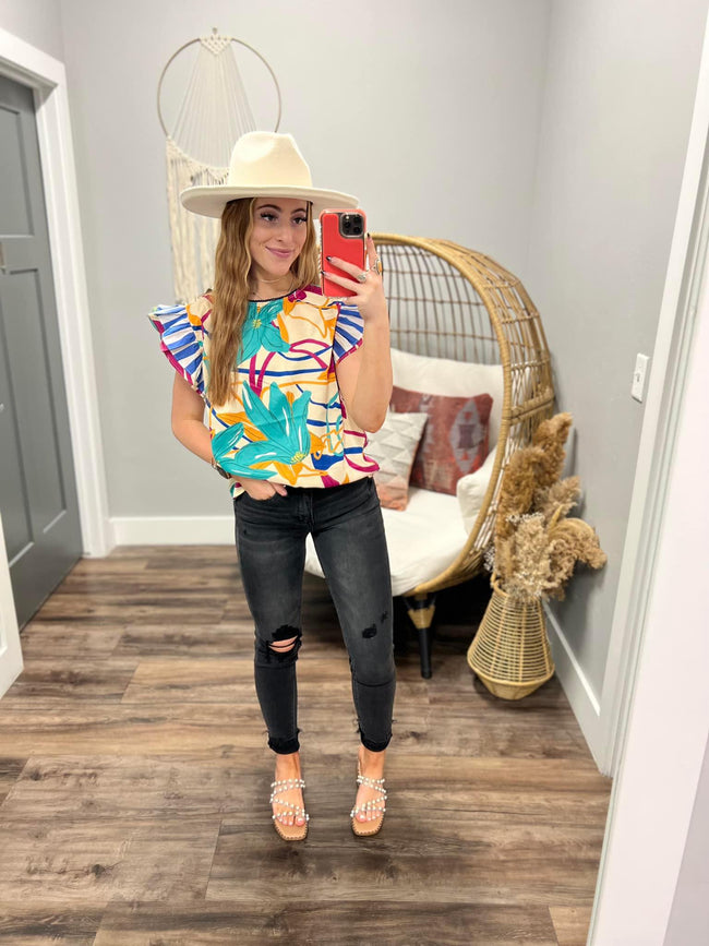 HAVANA FLORAL FLUTTER SLEEVE BLOUSE