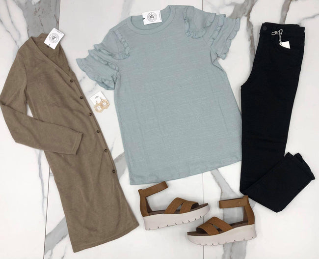 DUSTY BLUE FRILLED TOP