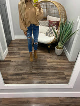 FADED CAMEL EXPOSED SEAM SWEATER