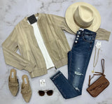 BRIELLE TAUPE TEXTURED SHEER BOMBER JACKET