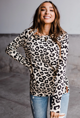 CREAM LEOPARD SIDE ZIP CREW SWEATER