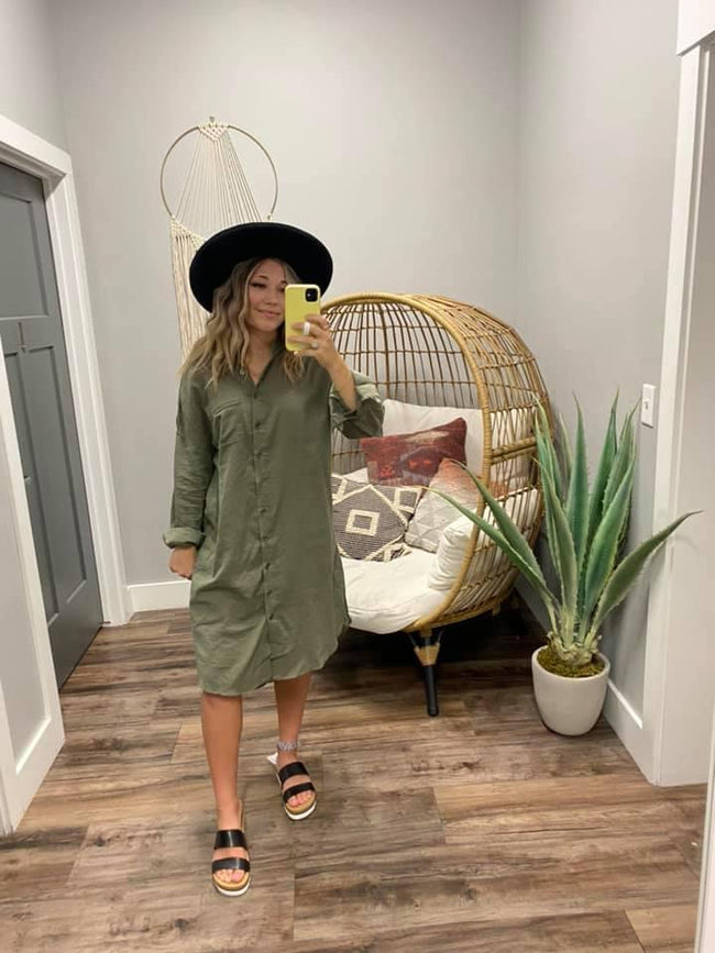 BUTTON DOWN OLIVE DRESS W/SLIP
